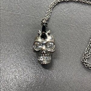 Alexander McQueen Spike Skull Crystal Studded Silver Tone Long Pendant Necklace